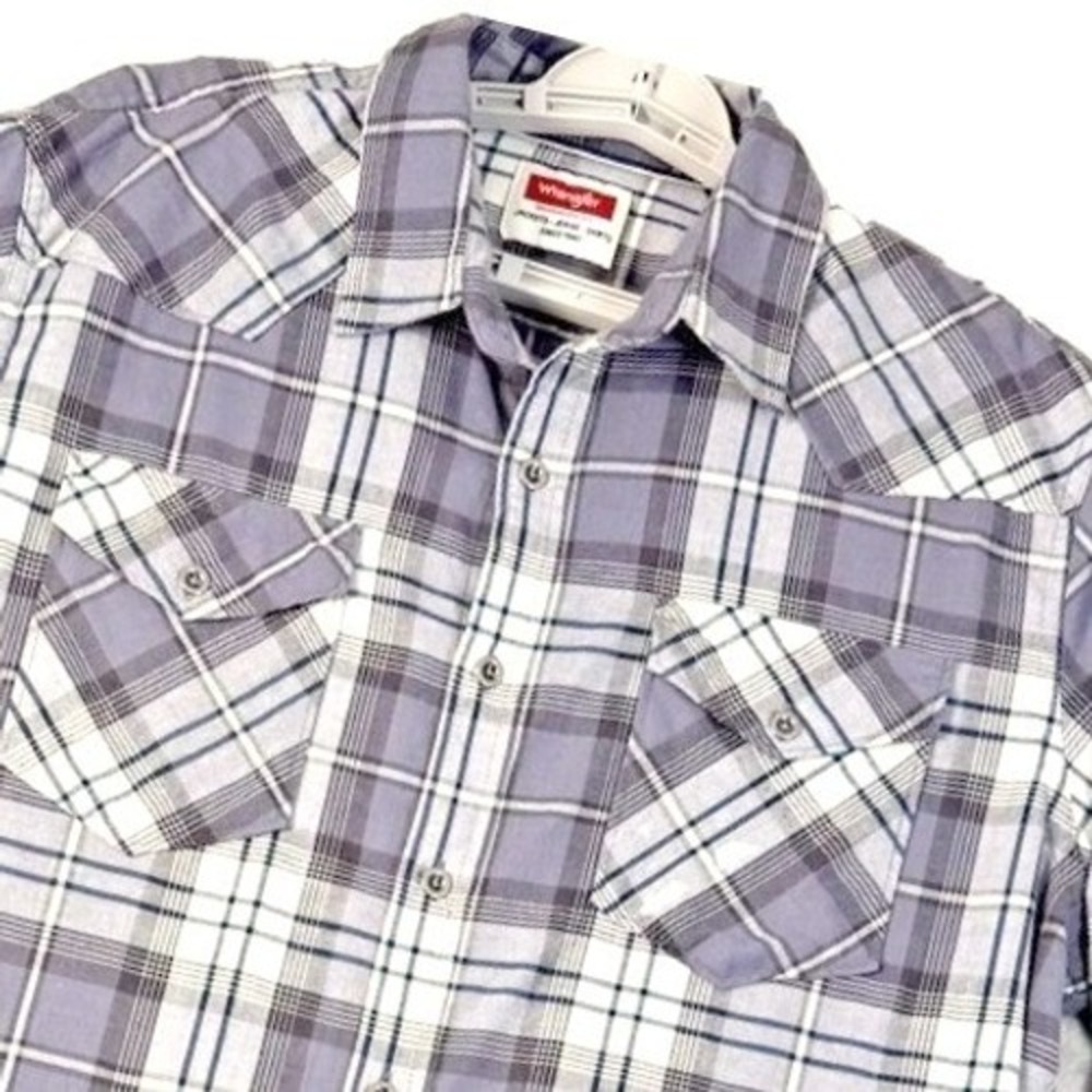 Wrangler Western Button Up Shirt Mens L Grey White Plaid Long Sleeve Pockets